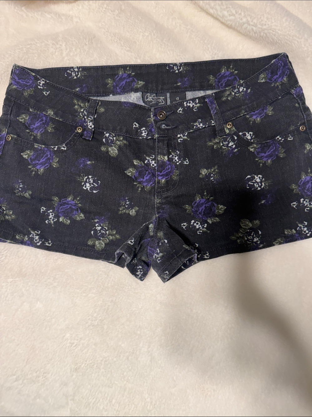 City Streets Black Denim Shorts with Purple Rose Print